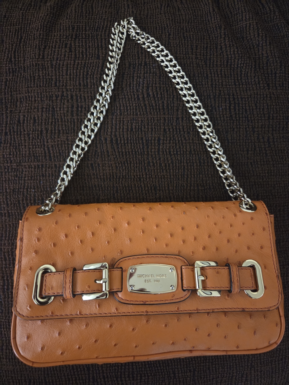 Michael Kors Orange Ostrich-Embossed Leather Shoulder Bag with Gold Accent Chain